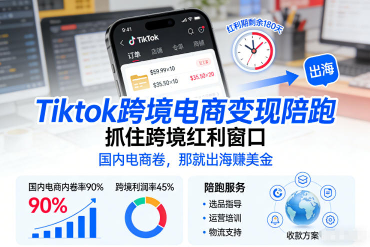 Tiktok跨境电商变现陪跑，抓住跨境红利窗口，国内电商卷，那就出海賺美金-荆楚AI