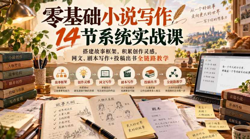 零基础小说写作14节系统实战课,搭建故事框架,积累创作灵感,网文、剧本写作+投稿出书全链路教学-荆楚AI