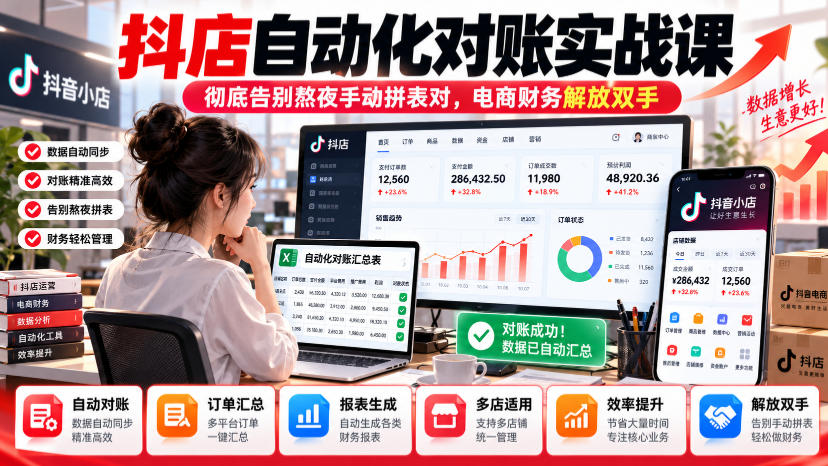 抖店自动化对账实战课,彻底告别熬夜手动拼表对,账电商财务解放双手-荆楚AI