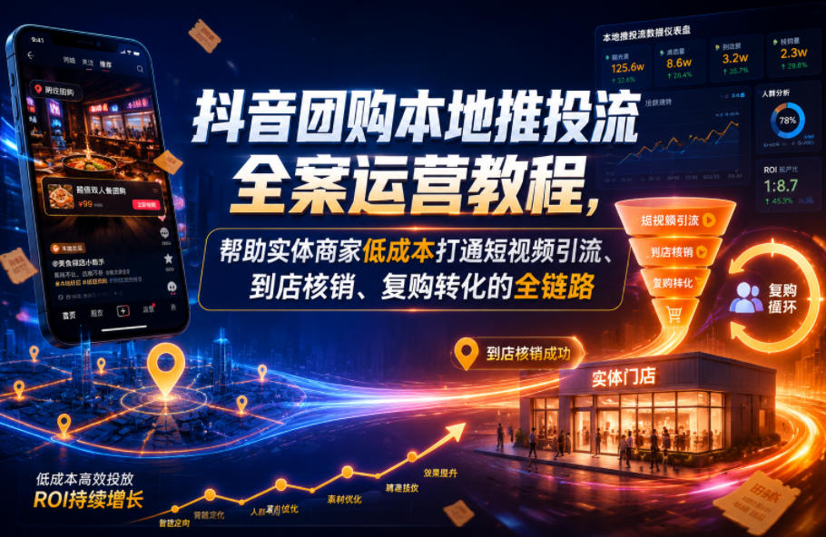 抖音团购本地推投流全案运营教程,帮助实体商家低成本打通短视频引流、到店核销、复购转化的全链路-荆楚AI